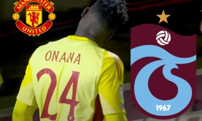 The back of Andre Onana pictured next to the club logos of Man United and Trabzonspor