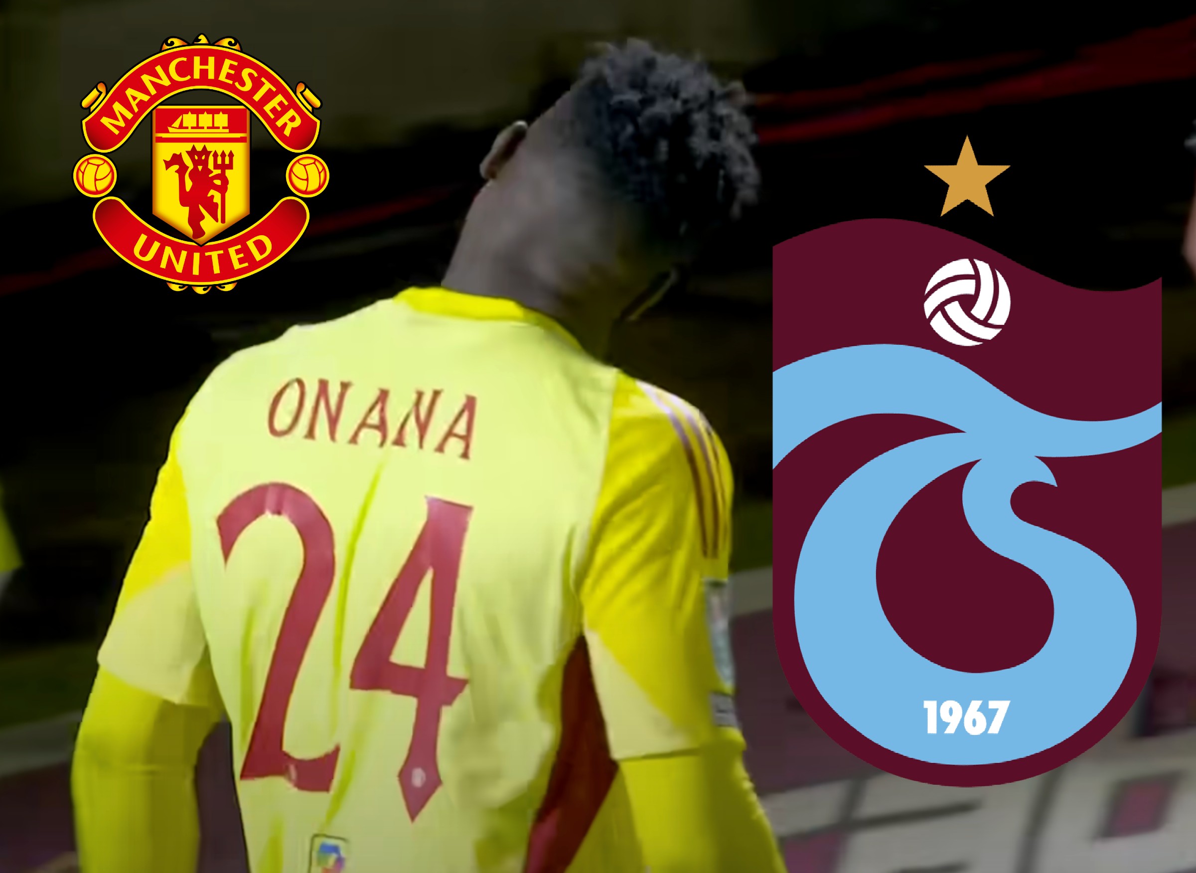The back of Andre Onana pictured next to the club logos of Man United and Trabzonspor