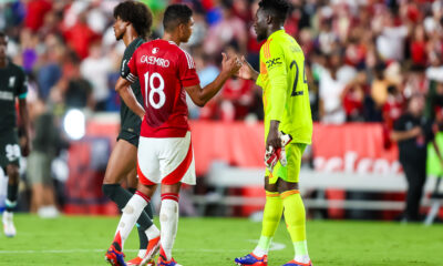 Casemiro (left) and Andre Onana (right) pictured shaking hands during Manchester United's pre-season tour in 2024