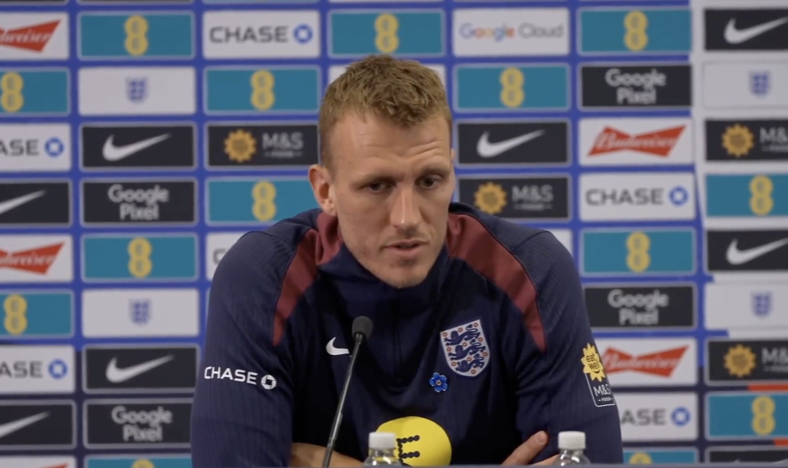 Dan Burn pictured speaking at an England press conference in September 2025