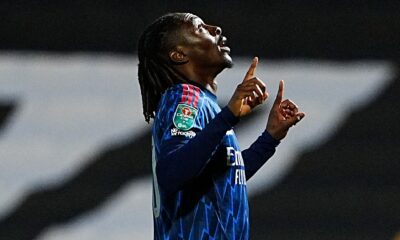 Eberechi Eze pictured celebrating his first goal for Arsenal, away at Port Vale in September 2025