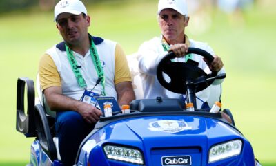 Francesco Molinari (left) and Gianfranco Zola (right) pictured sharing a golf buggy