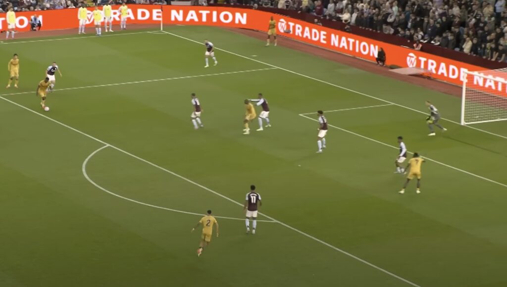 Marc Guehi (second left) pictured scoring a stunning goal for Crystal Palace against Aston Villa 