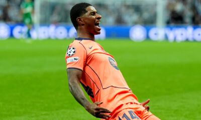 Marcus Rashford pictured celebrating after scoring the first goal of his Barcelona career