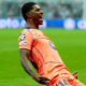 Marcus Rashford pictured celebrating after scoring the first goal of his Barcelona career