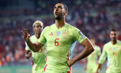 Mikel Merino pictured celebrating after scoring a perfect hat-trick for Spain in a 6-0 win over Turkey in September 2025