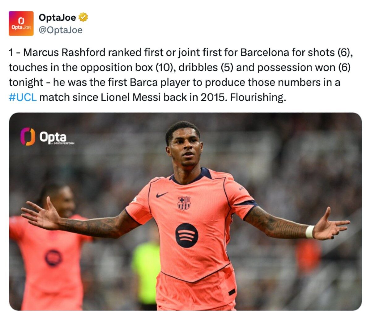 A screenshot of an Opta tweet about Rashford vs Newcastle