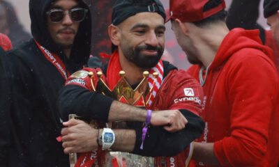 Mo Salah pictured holding the Premier League trophy after Liverpool won the title in the 2024-25 season