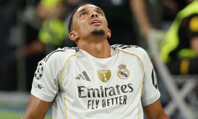 England right-back Trent Alexander-Arnold pictured looking disappointed after suffering a hamstring injury on his Champions League debut for Real Madrid