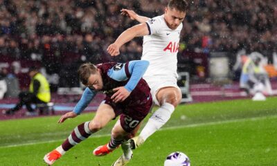 Jarrod Bowen (left) and Micky van de Ven (right) pictured battling for the ball during West Ham's 1-1 draw with Spurs in April 2024