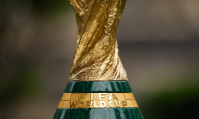 A close-up view of the base of the World Cup trophy
