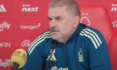 Ange Postecoglou pictured at a press conference before Newcastle vs Nottingham Forest in October 2025