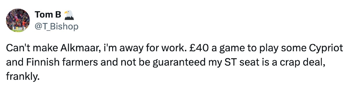 A frustrated Crystal Palace fan tweets in response to ticket prices in the Conference League