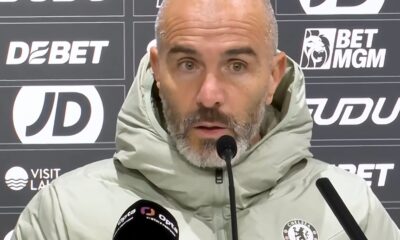 Enzo Maresca pictured in a press conference after Chelsea beat Wolves 4-3