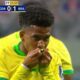 Estevao Willian kisses the Brazil badge on his shirt after scoring against South Korea in a 5-0 win in October 2025