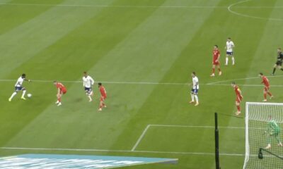 Bukayo Saka pictured (left) seconds before scoring a stunning solo goal for England against Wales