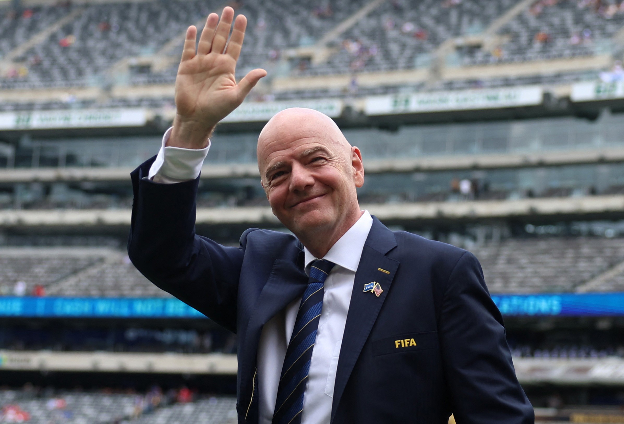 FIFA president Gianni Infantino pictured waving ahead of the final of the 2025 Club World Cup