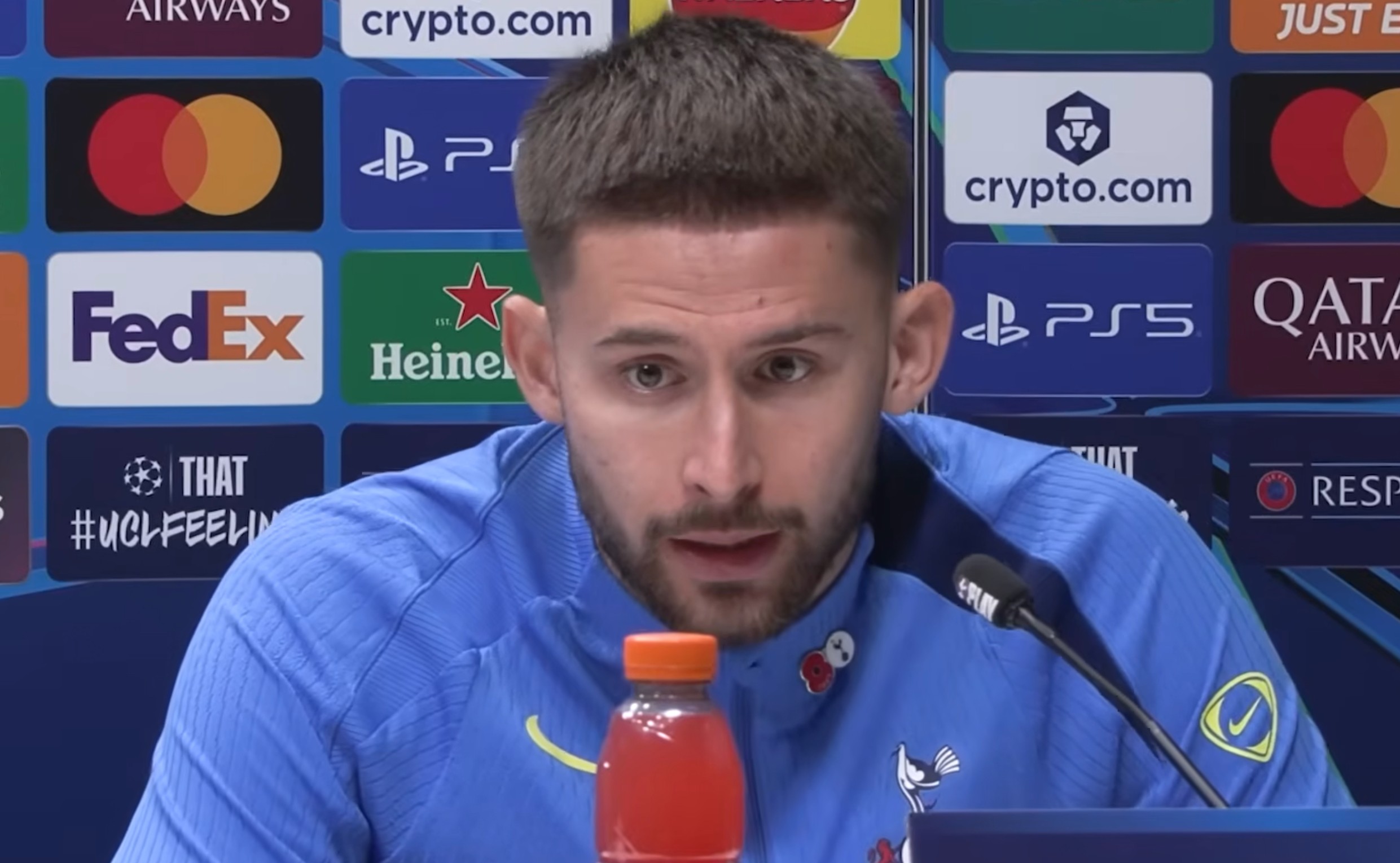 Guglielmo Vicario pictured speaking at a Tottenham press conference
