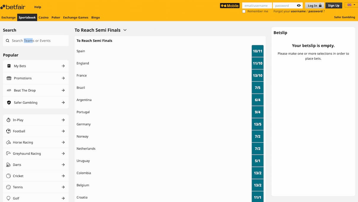 Betfair To Advance to Semi-Finals Odds
