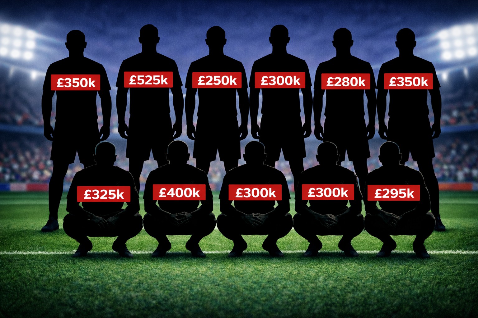 Graphic showing silhouettes of the highest-paid Premier League XI in 2026 with weekly wages displayed