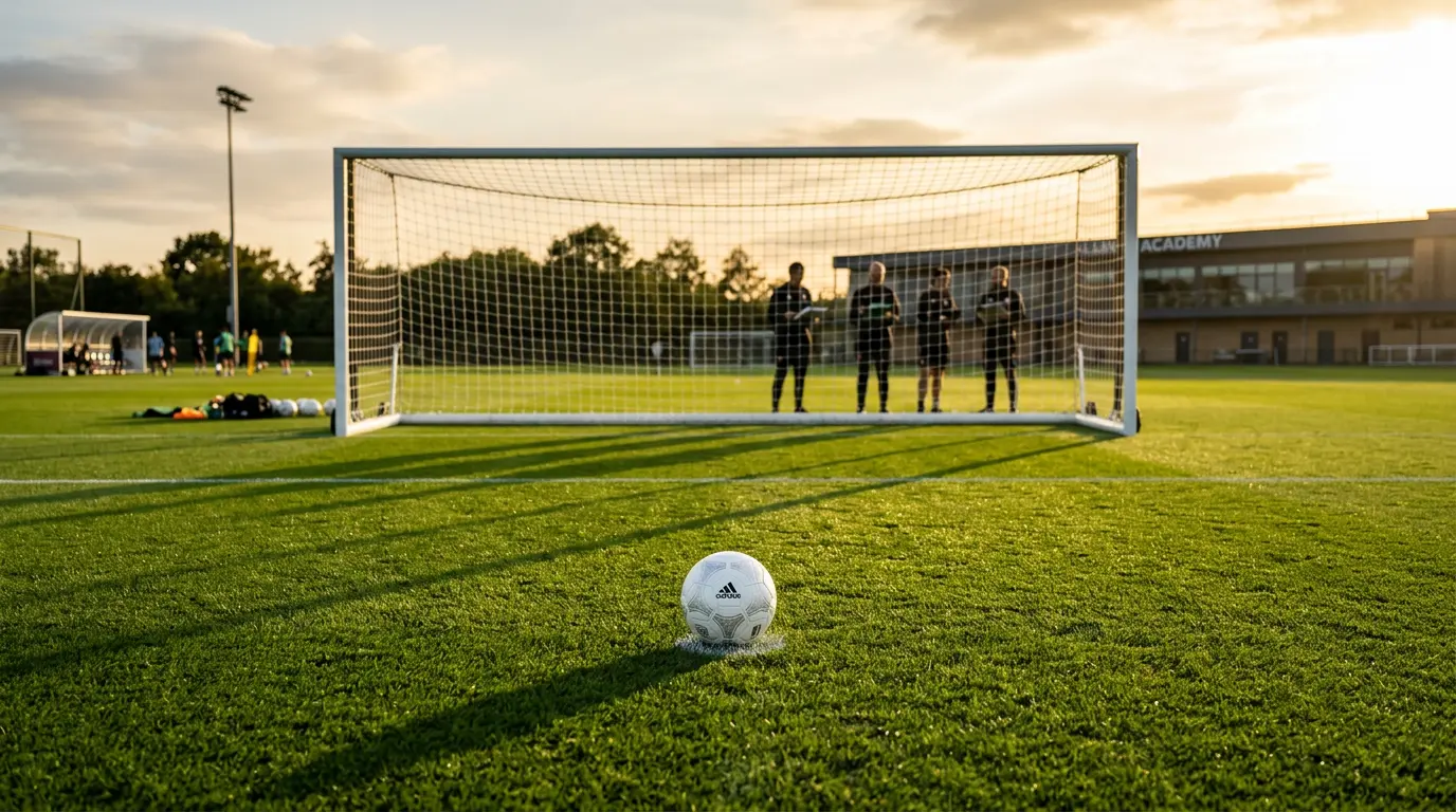 Football on penalty spot with goal net and coaching staff at training ground during golden hour