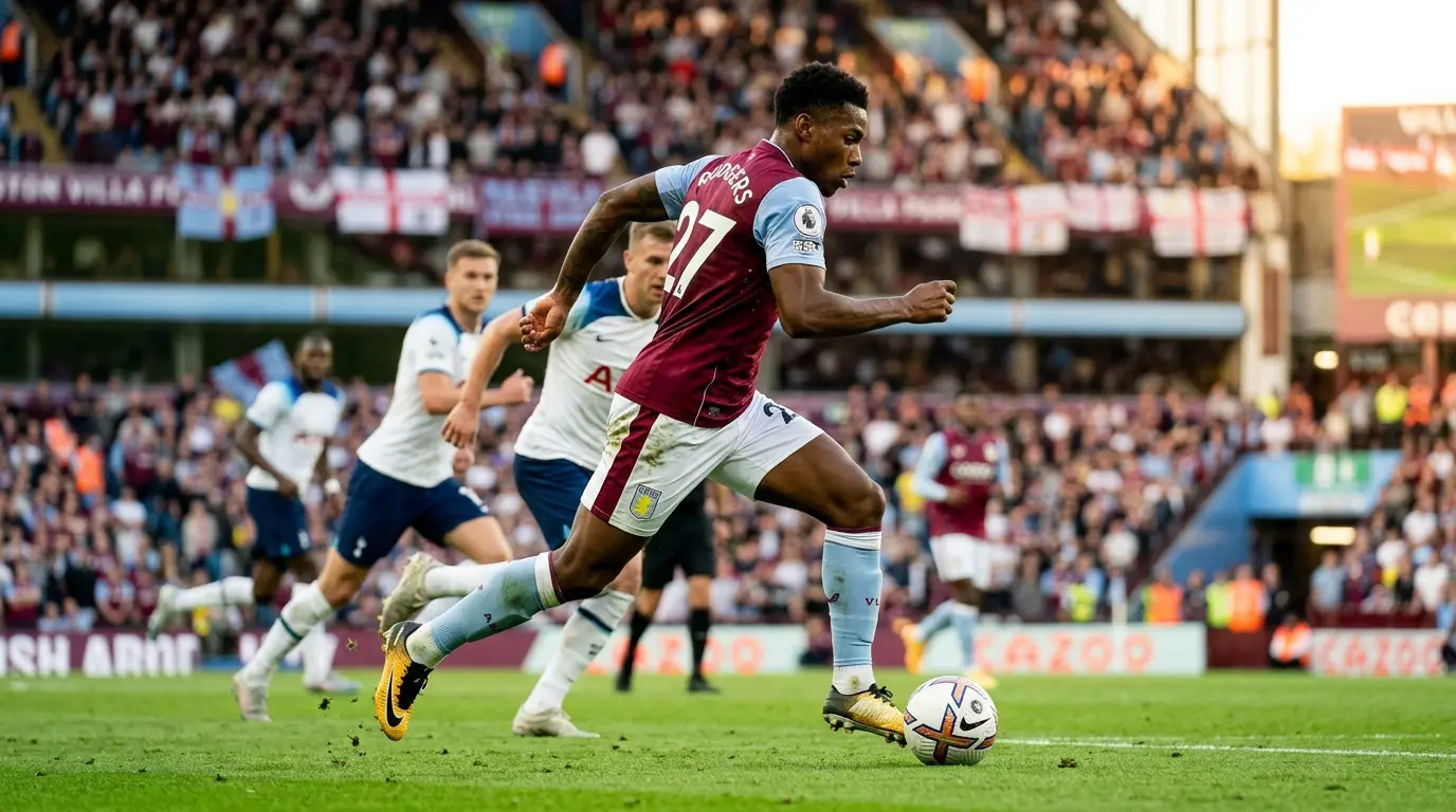 Morgan Rogers driving forward with the ball for Aston Villa in Premier League action