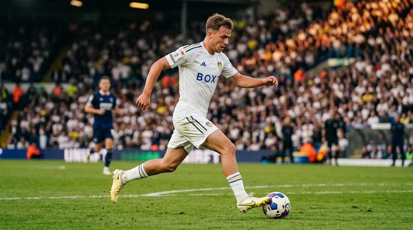 Young Leeds United midfielder Archie Gray controlling the ball during a Championship match