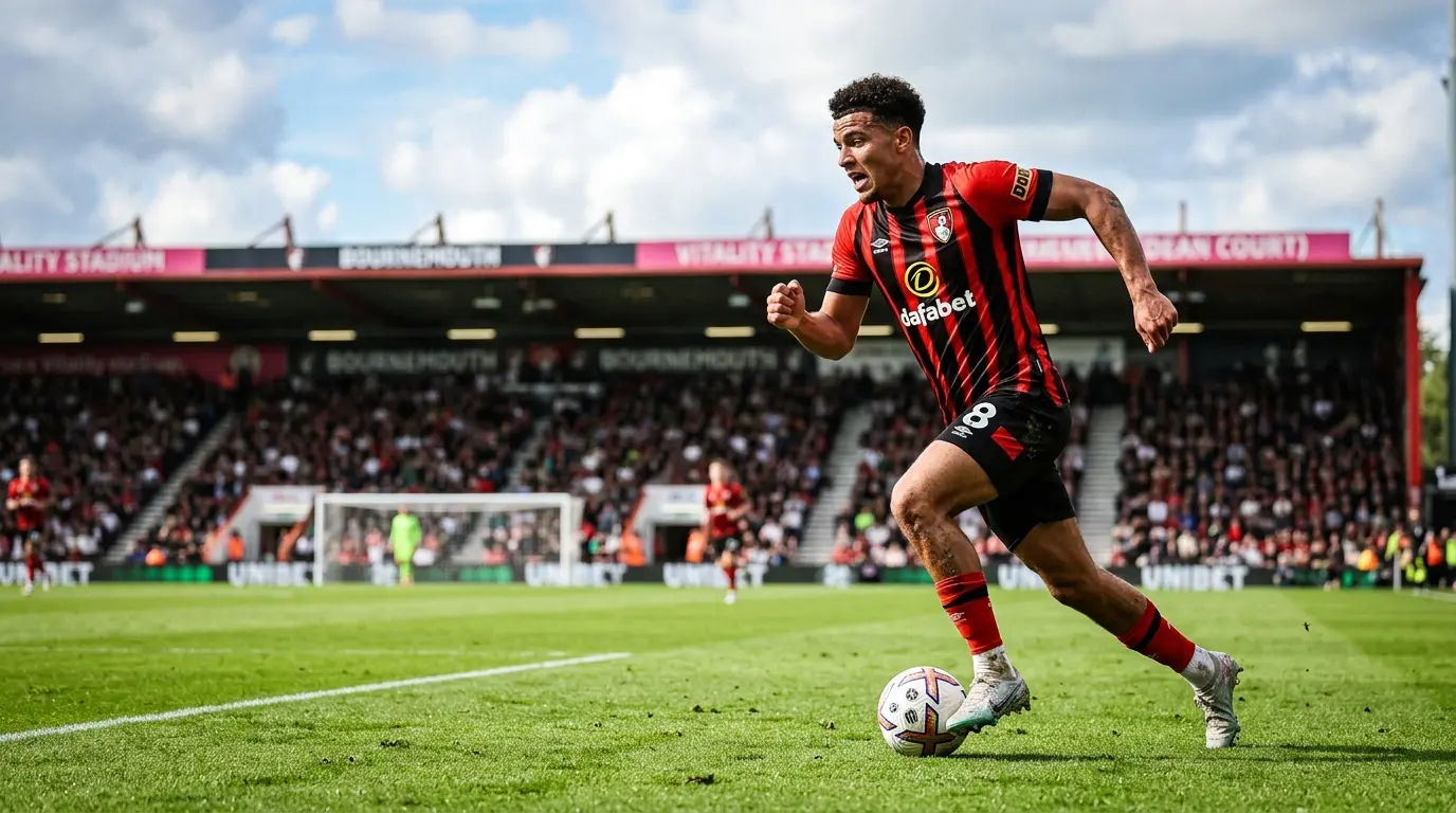 Young midfielder in Bournemouth kit sprinting with ball during Premier League match