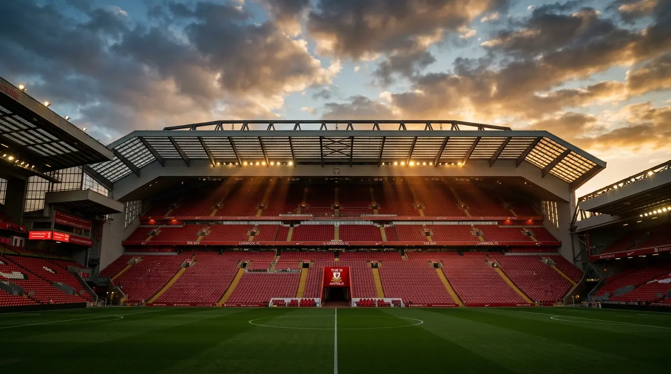 Anfield stadium at golden hour representing Liverpool FC's new coaching era under Andoni Iraola