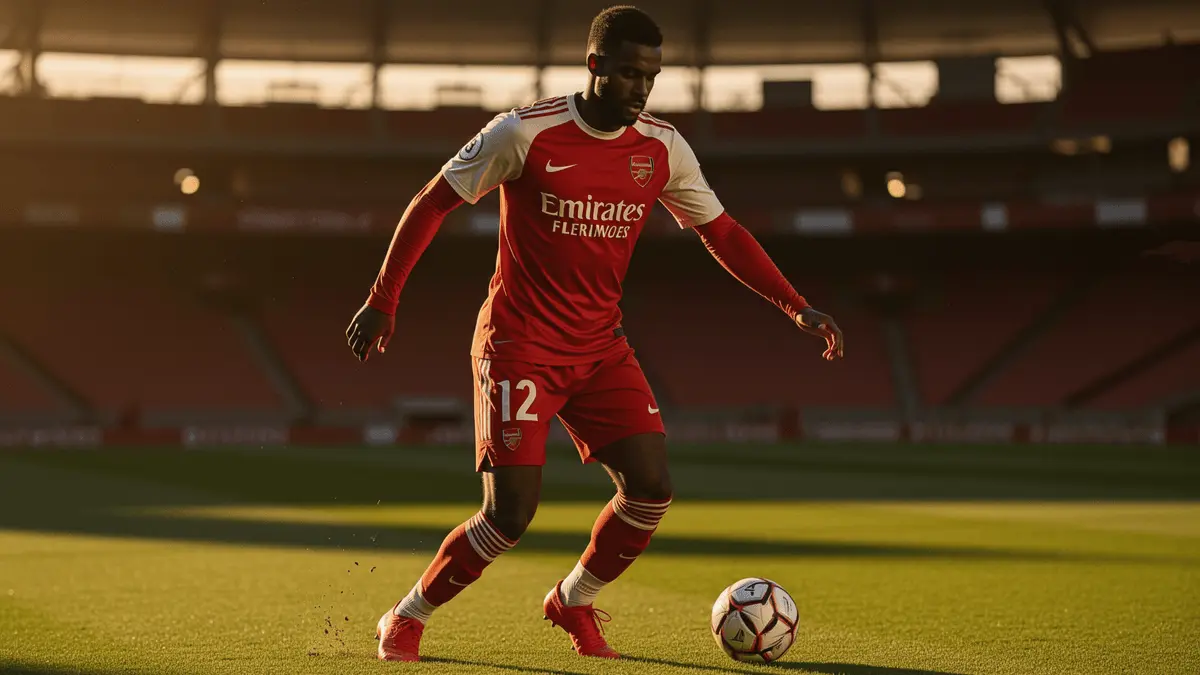 Arsenal defender in red kit controlling ball on Emirates Stadium pitch during golden hour