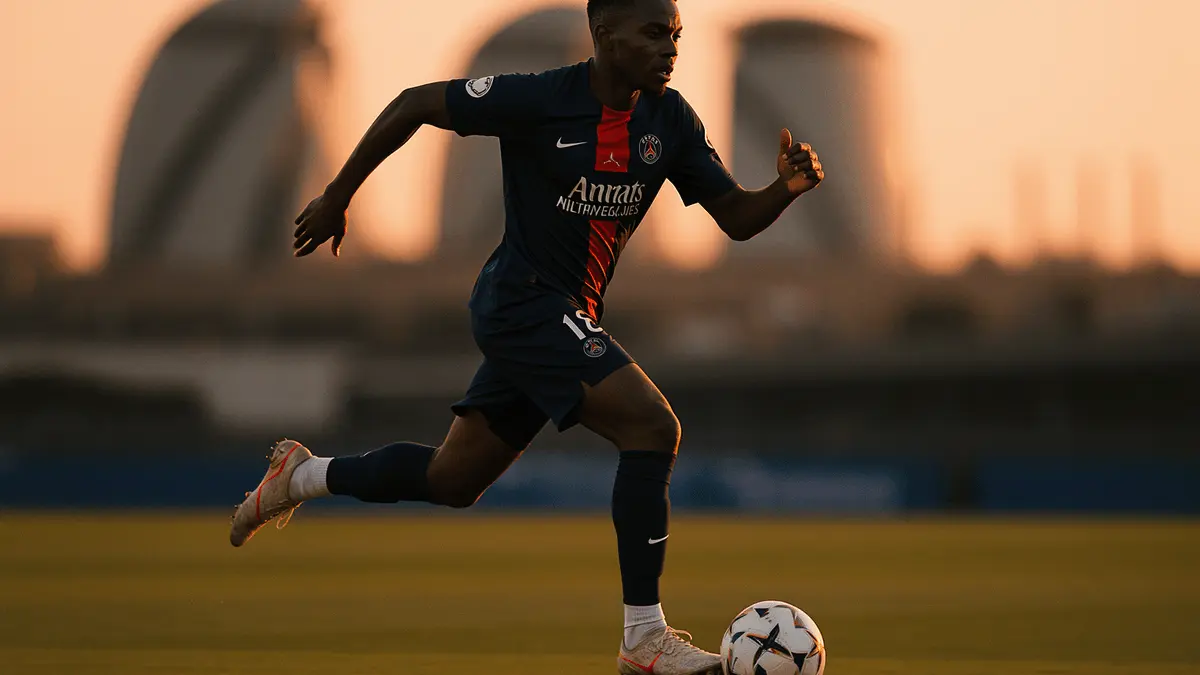 Bradley Barcola sprinting with football in PSG kit with Arsenal's Emirates Stadium visible in background