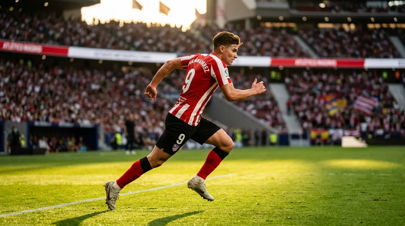 Julian Alvarez running dynamically on football pitch in red and white kit during golden hour