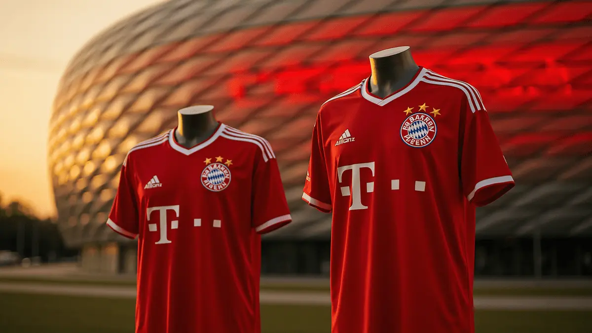 Bayern Munich Allianz Arena with football jerseys representing new player signings
