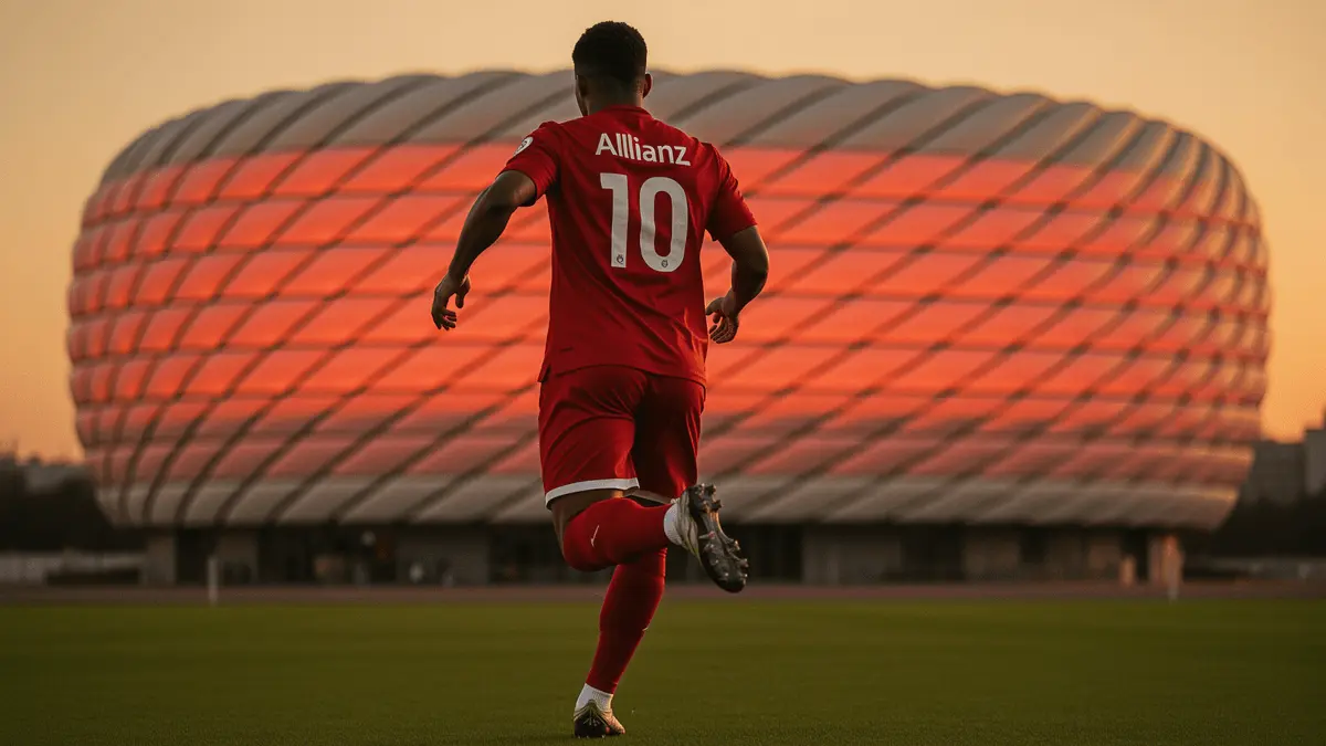 Bayern Munich player sprinting towards illuminated Allianz Arena in dramatic evening light