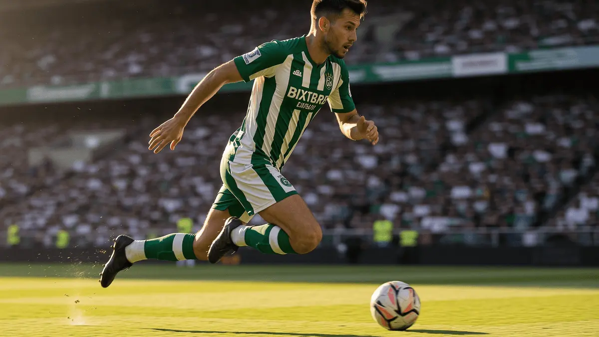 Sporting CP left-back sprinting with ball in green striped kit during match action