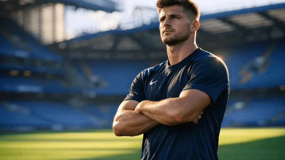 Chelsea striker target standing confidently in stadium with dramatic lighting