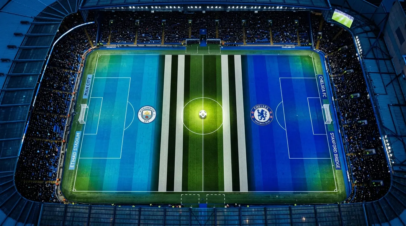 Football pitch split by Chelsea blue and Man City sky blue lighting with ball in center