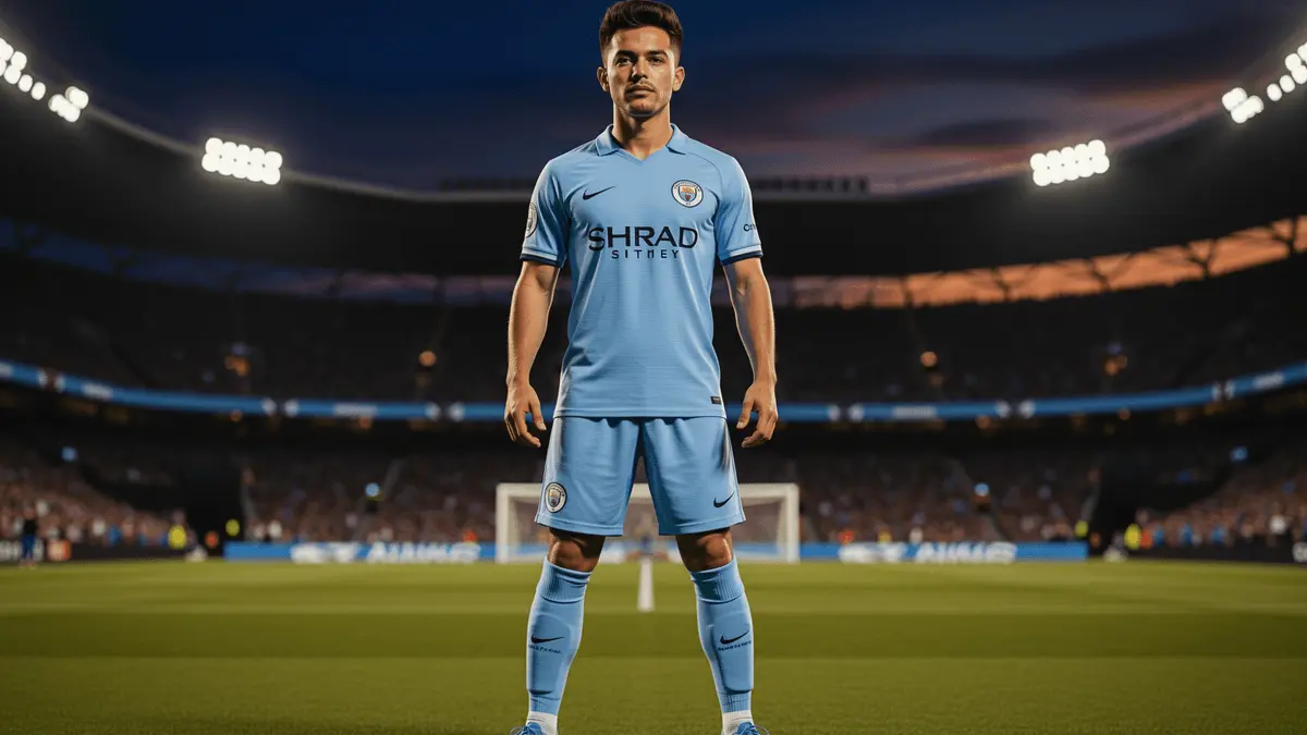 Manchester City footballer on pitch under stadium lights representing record transfer bid