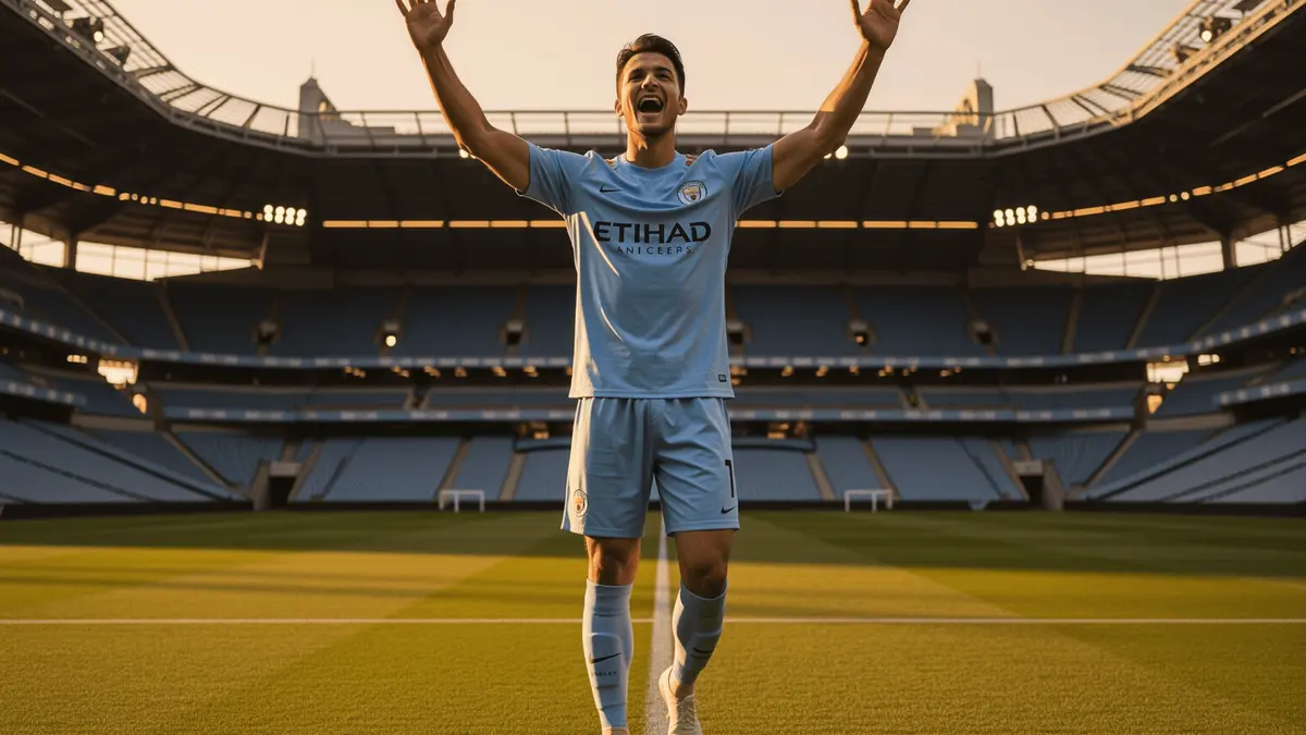 Josko Gvardiol celebrating at Manchester City's Etihad Stadium in sky blue kit