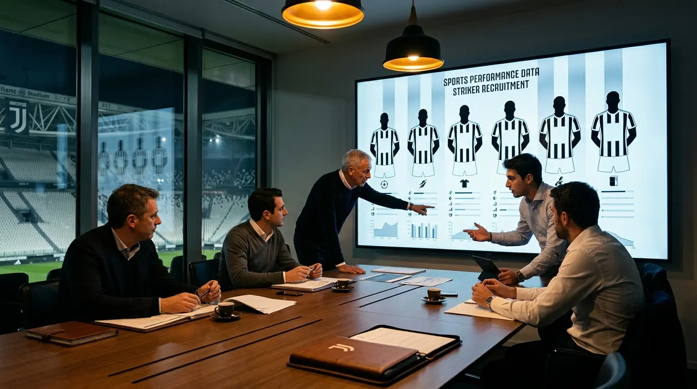 Juventus strategic planning room with six striker profiles illuminated on tactical display wall