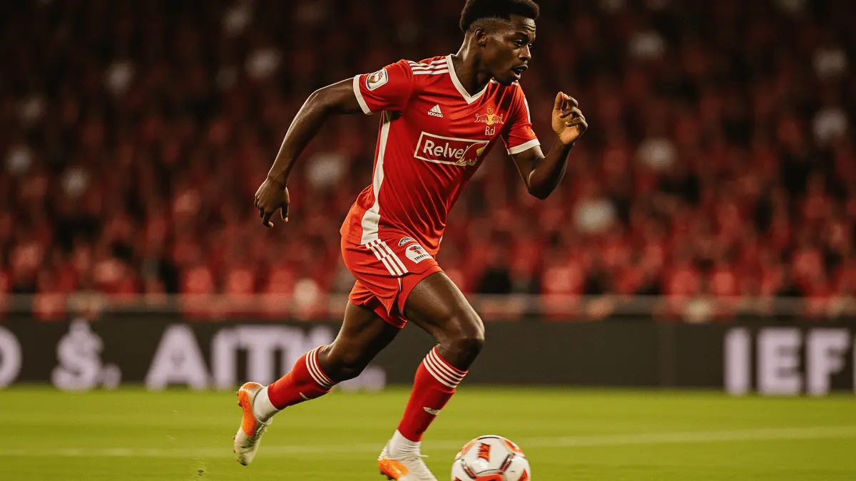 Young footballer in RB Leipzig kit dribbling at speed during match action at stadium