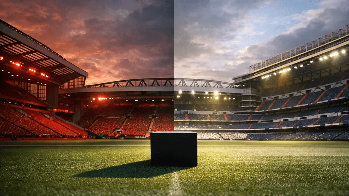 Liverpool and Real Madrid stadiums split scene symbolizing Ibrahima Konate's free transfer departure