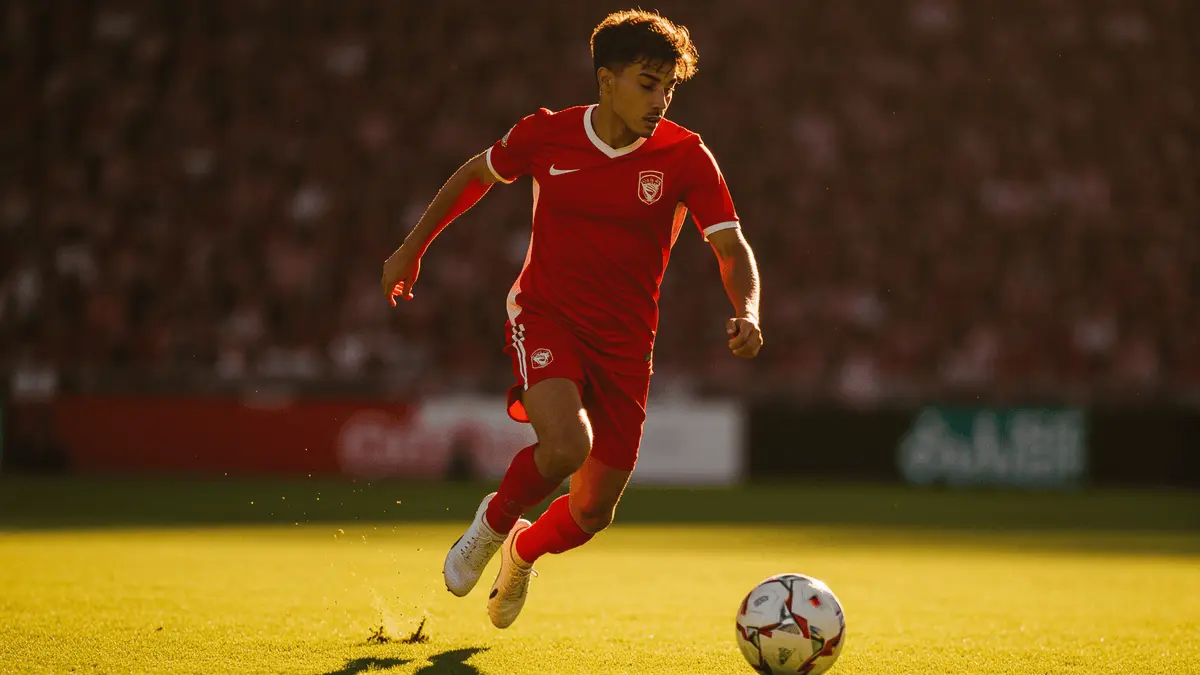 Young footballer in red jersey sprinting with ball during match in packed stadium with dramatic lighting