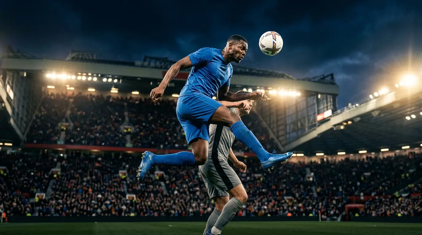 Defender winning aerial duel under floodlights at packed Premier League stadium