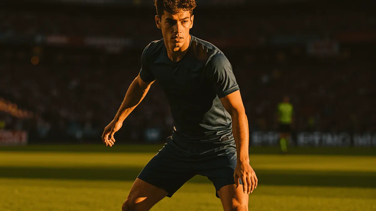 Young centre-back commanding defensive line during professional football match