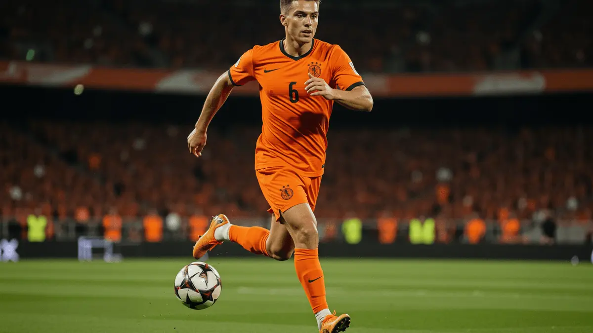 Netherlands winger in orange kit dribbling during World Cup match under stadium lights