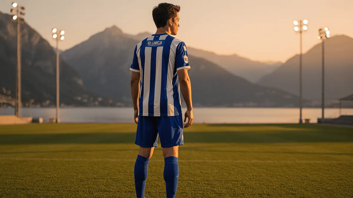 Como footballer on pitch overlooking Lake Como mountains at golden hour in blue striped jersey