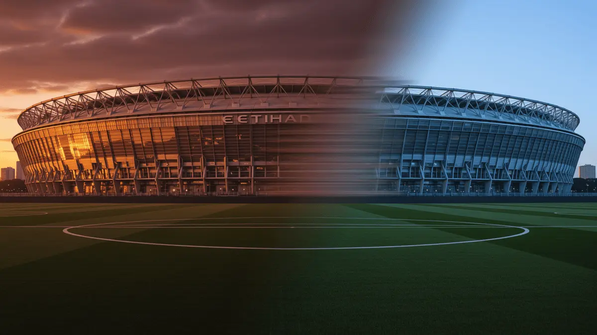 Split view of Parc des Princes and Etihad Stadium representing PSG and Manchester City transfer interest