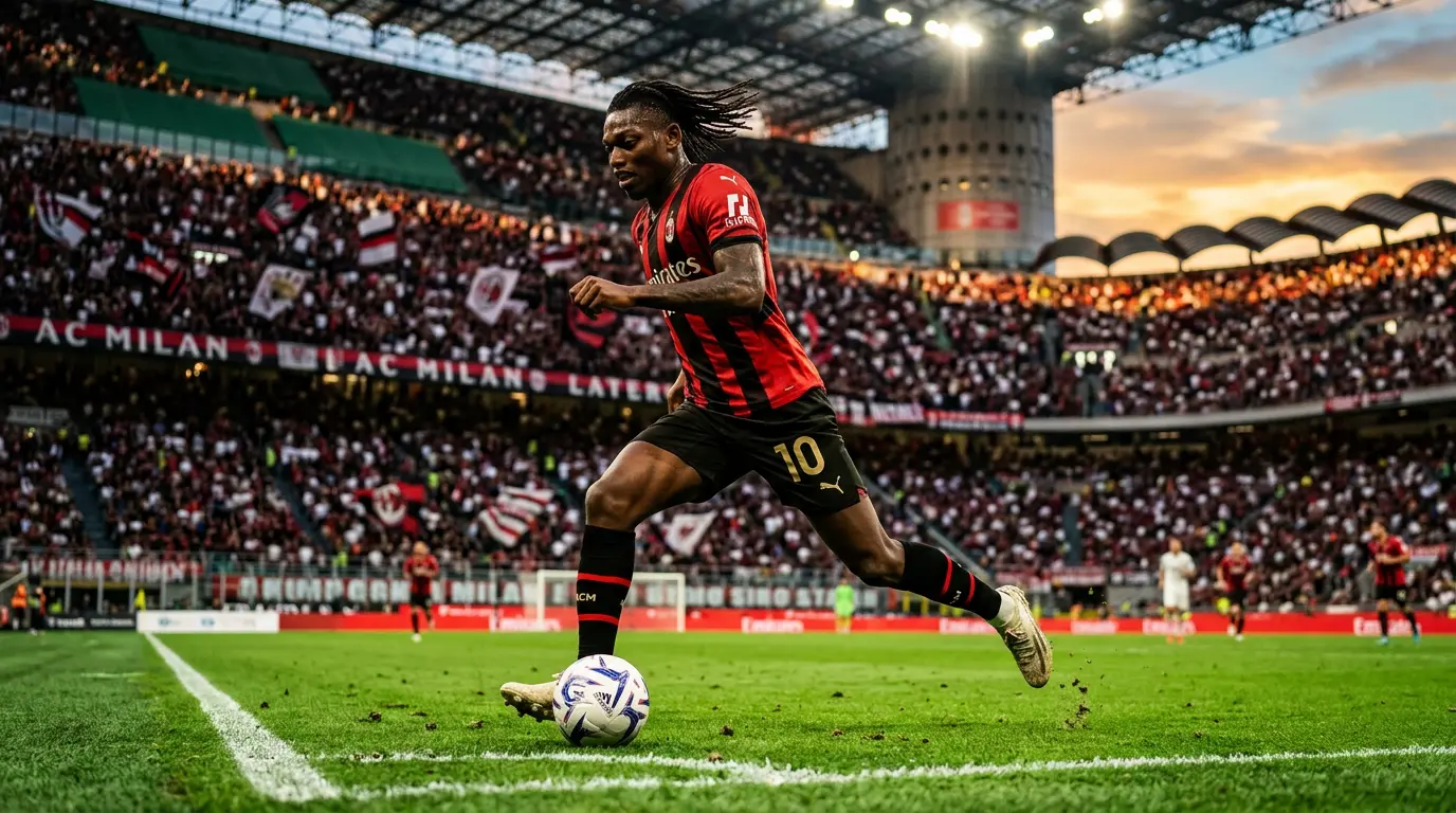 Rafael Leao sprinting with ball in AC Milan jersey during match