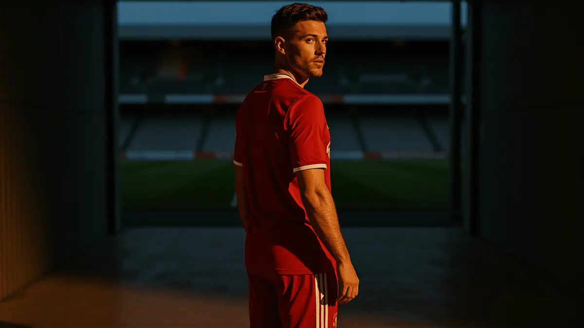 Footballer in red kit standing alone in stadium tunnel, contemplating uncertain future